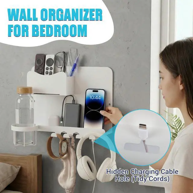 Alt view image 5 of 7 - Floating Bedside Wall Shelf, Metal Bedside Wall Organizer with Detachable Cup Holder, No Drill Wall Mounted Storage for Bedroom, Dorm, Loft Bed, Bunk Bed & Small Space Organization