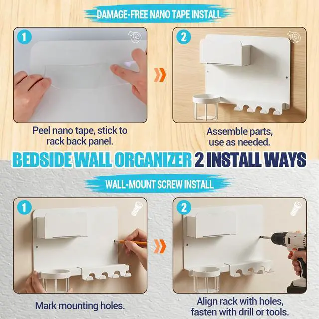 Alt view image 6 of 7 - Floating Bedside Wall Shelf, Metal Bedside Wall Organizer with Detachable Cup Holder, No Drill Wall Mounted Storage for Bedroom, Dorm, Loft Bed, Bunk Bed & Small Space Organization
