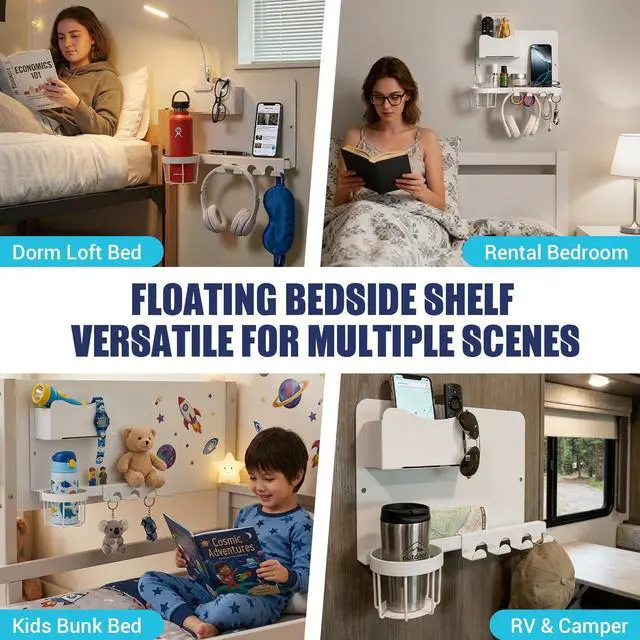 Alt view image 7 of 7 - Floating Bedside Wall Shelf, Metal Bedside Wall Organizer with Detachable Cup Holder, No Drill Wall Mounted Storage for Bedroom, Dorm, Loft Bed, Bunk Bed & Small Space Organization