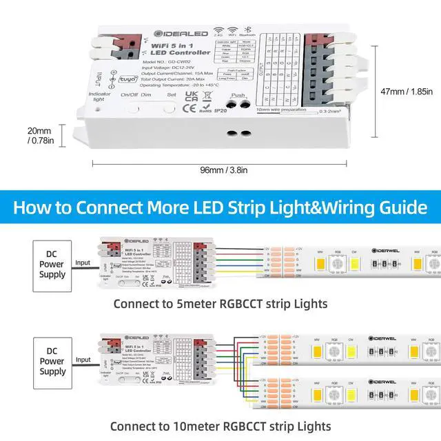 Alt view image 6 of 6 - Smart 5 in 1 WiFi LED Controller RGBWW for Strip Lights RGBCCT RGBW RGB CCT and 5 White Strips,Work with Alexa/Google Assistant,APP/Voice Control Color Change Dimming(Only a WiFi Controller)