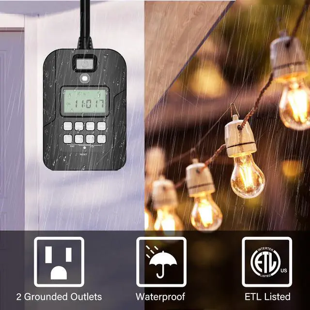 Alt view image 3 of 7 - Outdoor Digital Timer for Lights, 7-Day Programmable Plug Waterproof with 2 Grounded Outlets for Landscape String Light, 15A, 1/2 HP UL Listed, 7 Day Dusk to Dawn Programmable Timer