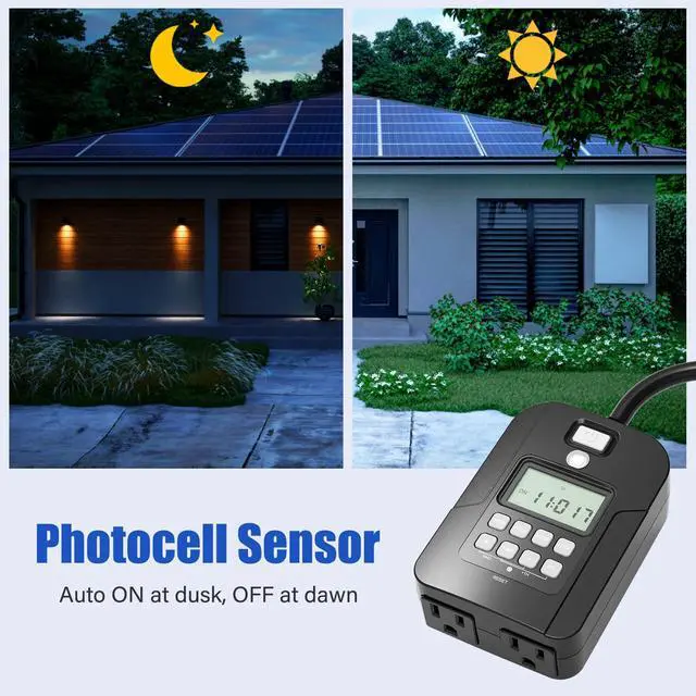 Alt view image 2 of 7 - Outdoor Digital Timer for Lights, 7-Day Programmable Plug Waterproof with 2 Grounded Outlets for Landscape String Light, 15A, 1/2 HP UL Listed, 7 Day Dusk to Dawn Programmable Timer