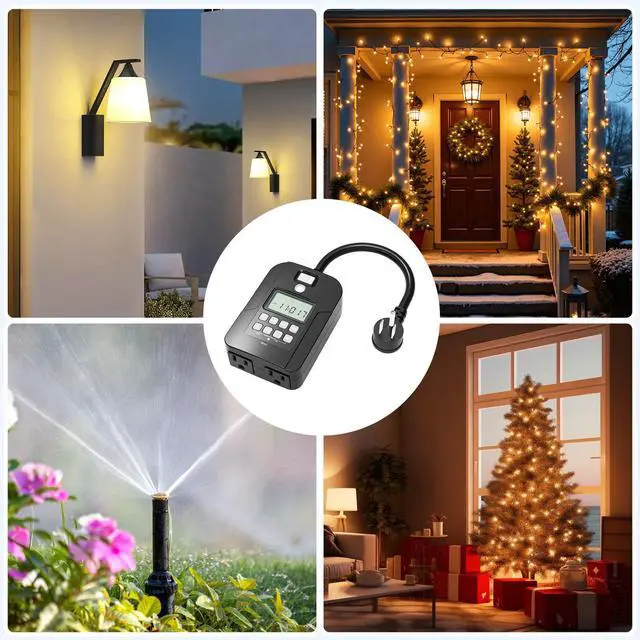 Alt view image 6 of 7 - Outdoor Digital Timer for Lights, 7-Day Programmable Plug Waterproof with 2 Grounded Outlets for Landscape String Light, 15A, 1/2 HP UL Listed, 7 Day Dusk to Dawn Programmable Timer