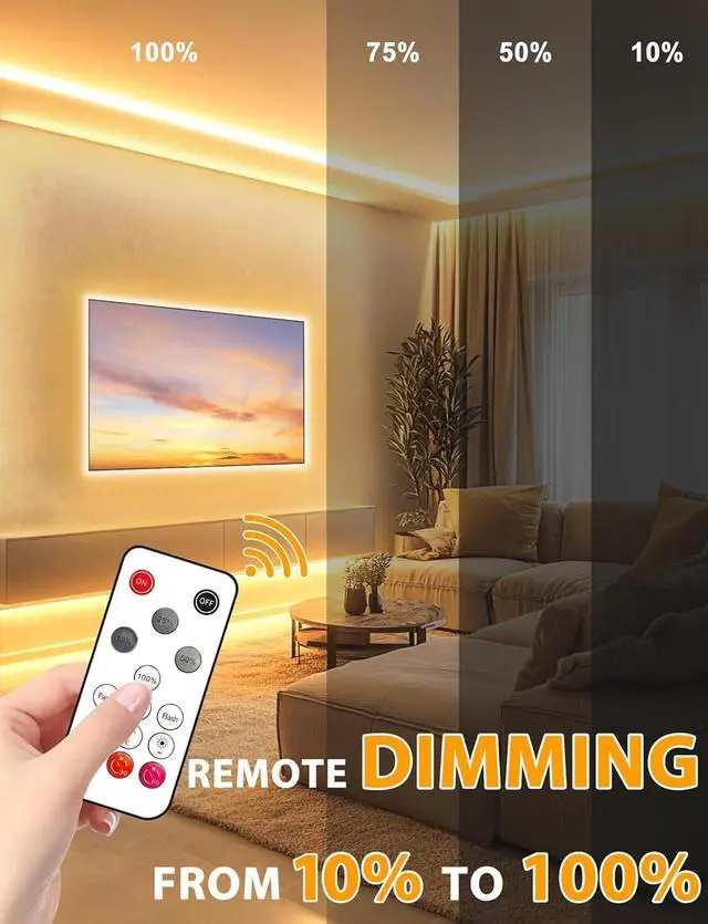 Alt view image 2 of 7 - COB LED Strip Lights 32.8Ft, Warm White Dimmable Self-Adhesive Led Rope Light with Remote, Flexible Cuttable Waterproof 3000K Silicone Neon Tape Light for Bedroom, Indoor, Cabinet, 10mm Width