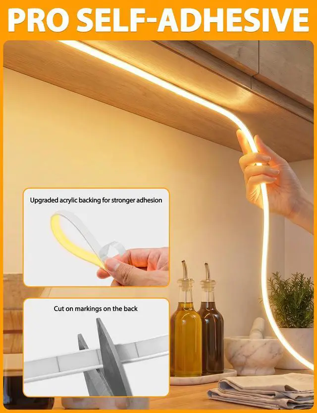 Alt view image 5 of 7 - COB LED Strip Lights 32.8Ft, Warm White Dimmable Self-Adhesive Led Rope Light with Remote, Flexible Cuttable Waterproof 3000K Silicone Neon Tape Light for Bedroom, Indoor, Cabinet, 10mm Width