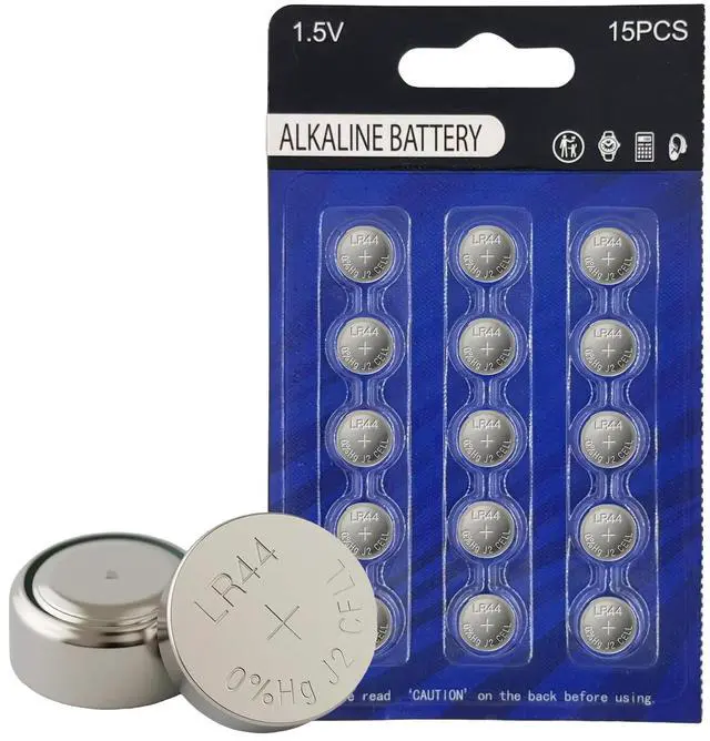 Main image of 15 Count LR44 1.5V Alkaline Coin Batteries Equivalent to AG13, A76, 357A, L1154F for Thermometer, Toys, Laser Pointer, Watch, Calculator, Digital Caliper,
