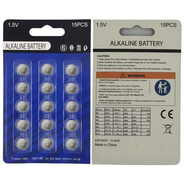 Alt view image 7 of 7 - 15 Count LR44 1.5V Alkaline Coin Batteries Equivalent to AG13, A76, 357A, L1154F for Thermometer, Toys, Laser Pointer, Watch, Calculator, Digital Caliper,