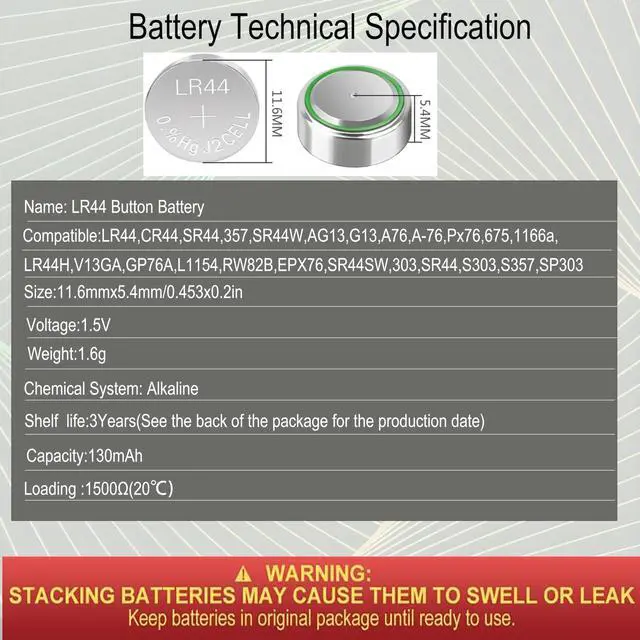 Alt view image 3 of 7 - 15 Count LR44 1.5V Alkaline Coin Batteries Equivalent to AG13, A76, 357A, L1154F for Thermometer, Toys, Laser Pointer, Watch, Calculator, Digital Caliper,