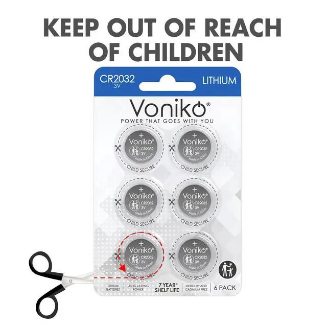 Alt view image 5 of 7 - Voniko CR2032 3V Lithium Batteries 6 Pack for Child Safety, Compatible with AirTag, Key Fobs, Thermometers, Scales 7 Years Shelf Life