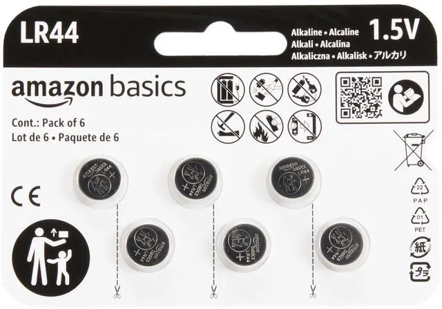 Main image of 6-Pack LR44 Alkaline Button Cell Replacement Battery, 1.5 Volt, Long Lasting Power, Mercury-Free