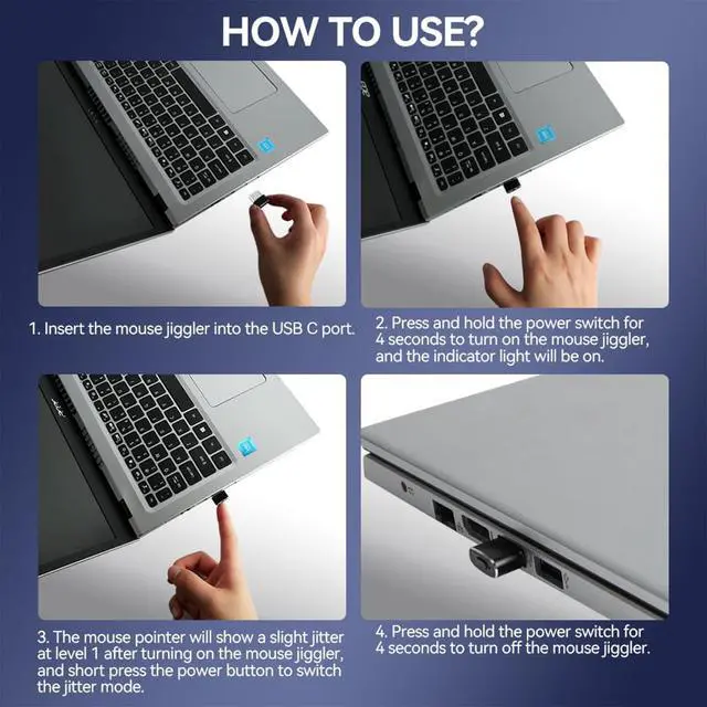 Alt view image 5 of 7 - Mouse Jiggler Undetectable USB C Mouse Mover, Automatic Type C Mice Wiggler with 3 Jiggle Modes and Switch Button, Keep Computer/Laptop/PC Awake, Plug and Play (Silver)