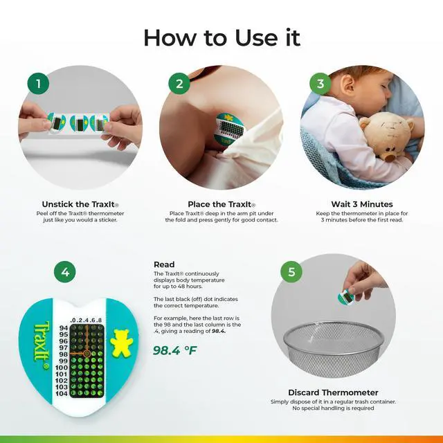 Alt view image 6 of 6 - Underarm Thermometer Sticker for Kids, Babies 6+ Months (12-Pack, Fahrenheit) Wearable for Up to 48 Hrs with Continuous Temperature Readings, Battery Free, Single Use, Disposable Thermometer