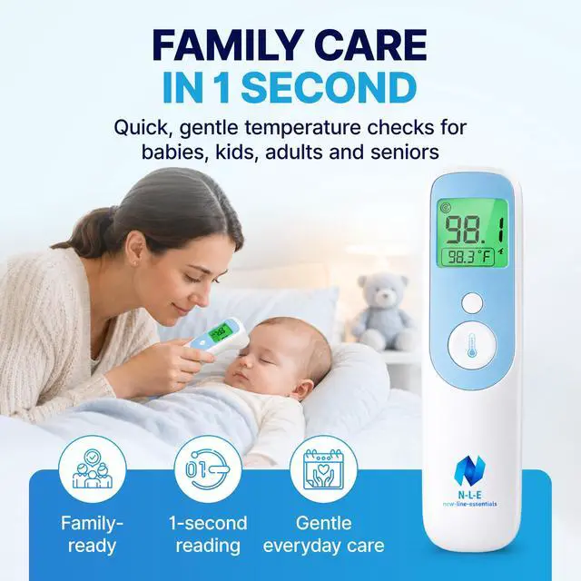 Alt view image 2 of 7 - N-L-E Clinical Thermometer, Forehead & Ear Thermometer for Adults, Babies & Toddlers, 1-Second Reading, Color Fever Alert, Silent Mode, 40 Memories