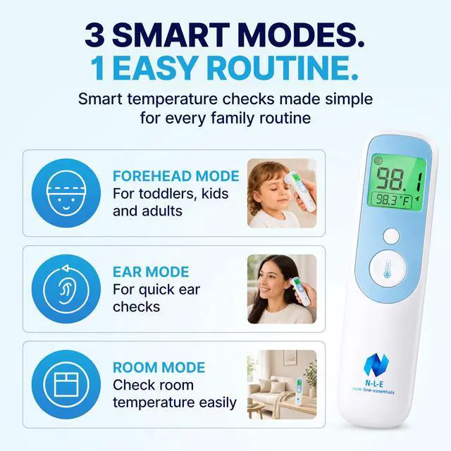 Alt view image 3 of 7 - N-L-E Clinical Thermometer, Forehead & Ear Thermometer for Adults, Babies & Toddlers, 1-Second Reading, Color Fever Alert, Silent Mode, 40 Memories