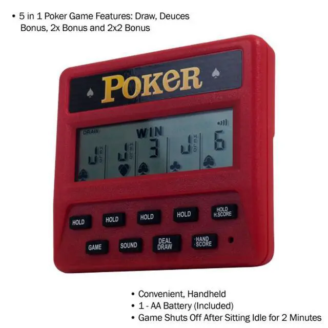 Alt view image 7 of 7 - 5-in-1 Hand Held Poker Game - Electronic Handheld Games for Adults Includes Draw, Deuces, Bonus, 2X and 2x2 Bonus - 3.9x3.4-Inch Pocket-Sized Travel Casino by Trademark Poker