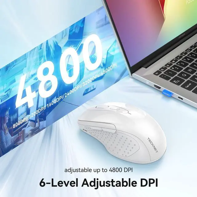 Alt view image 6 of 7 - Rechargeable Jiggler Wireless Mouse (BT5.0/3.0 & 2.4G) 4800 DPI Silent USB A & Bluetooth Mouse 6 Buttons, Wide Compatibility - White