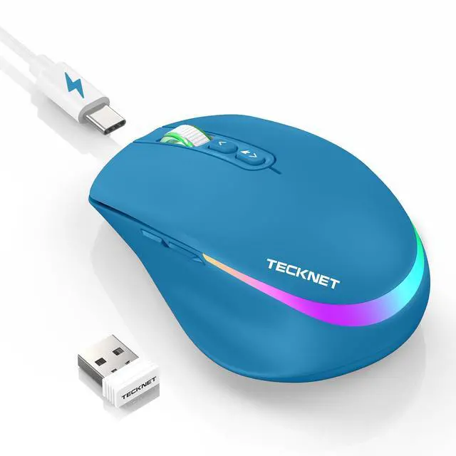 Main image of Wireless Mouse Jiggler, Rechargeable Mouse with Built-in Mouse Mover, 6 Adjustable DPI & 14 LED Modes, Silent Click, Undetectable Random Movement Keeps Computer Awake for Laptop/PC/Mac- Blue