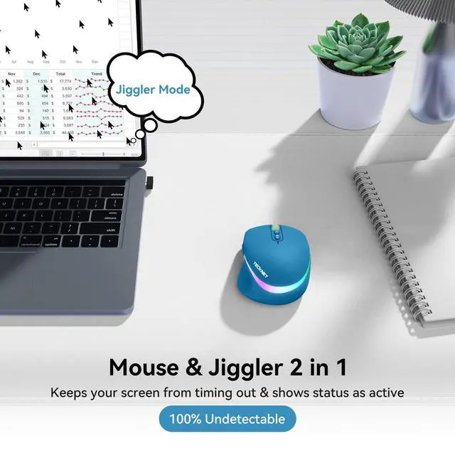 Alt view image 3 of 7 - Wireless Mouse Jiggler, Rechargeable Mouse with Built-in Mouse Mover, 6 Adjustable DPI & 14 LED Modes, Silent Click, Undetectable Random Movement Keeps Computer Awake for Laptop/PC/Mac- Blue