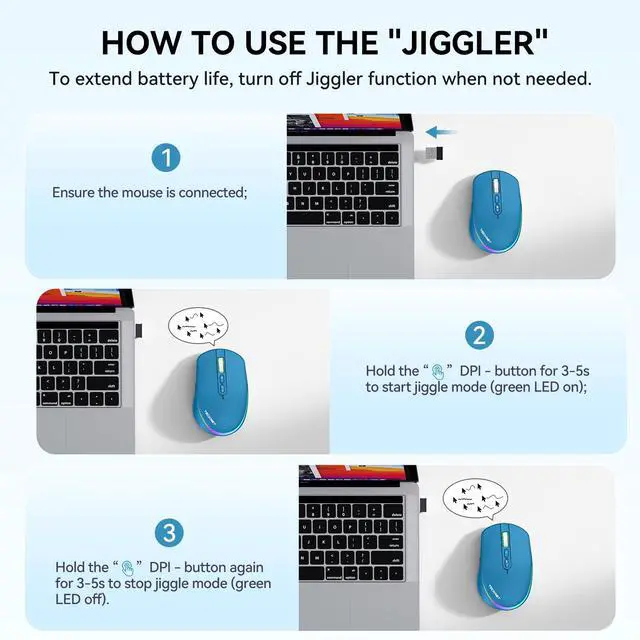 Alt view image 2 of 7 - Wireless Mouse Jiggler, Rechargeable Mouse with Built-in Mouse Mover, 6 Adjustable DPI & 14 LED Modes, Silent Click, Undetectable Random Movement Keeps Computer Awake for Laptop/PC/Mac- Blue