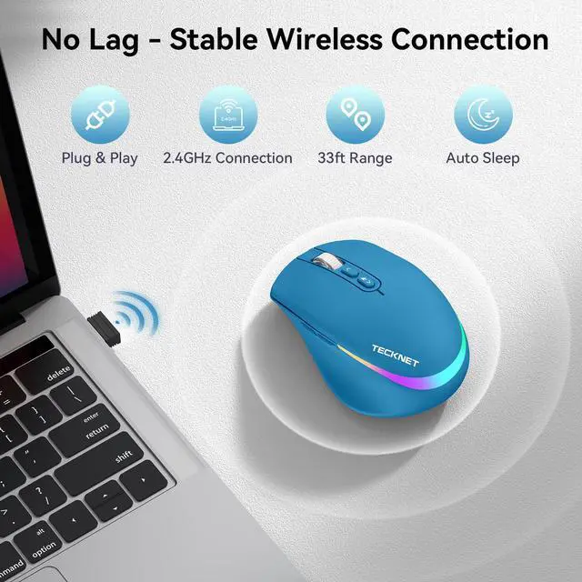 Alt view image 4 of 7 - Wireless Mouse Jiggler, Rechargeable Mouse with Built-in Mouse Mover, 6 Adjustable DPI & 14 LED Modes, Silent Click, Undetectable Random Movement Keeps Computer Awake for Laptop/PC/Mac- Blue