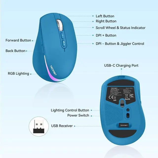 Alt view image 7 of 7 - Wireless Mouse Jiggler, Rechargeable Mouse with Built-in Mouse Mover, 6 Adjustable DPI & 14 LED Modes, Silent Click, Undetectable Random Movement Keeps Computer Awake for Laptop/PC/Mac- Blue