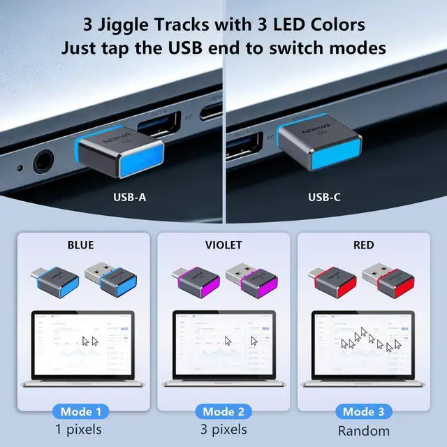 Alt view image 3 of 7 - Undetectable USB-A & USB-C Mouse Jiggler, 3 Adjustable Modes with Color LED Indicator, Plug & Play Auto Mouse Mover, Keeps PC & Laptop Awake for Office Remote Work Online Meetings