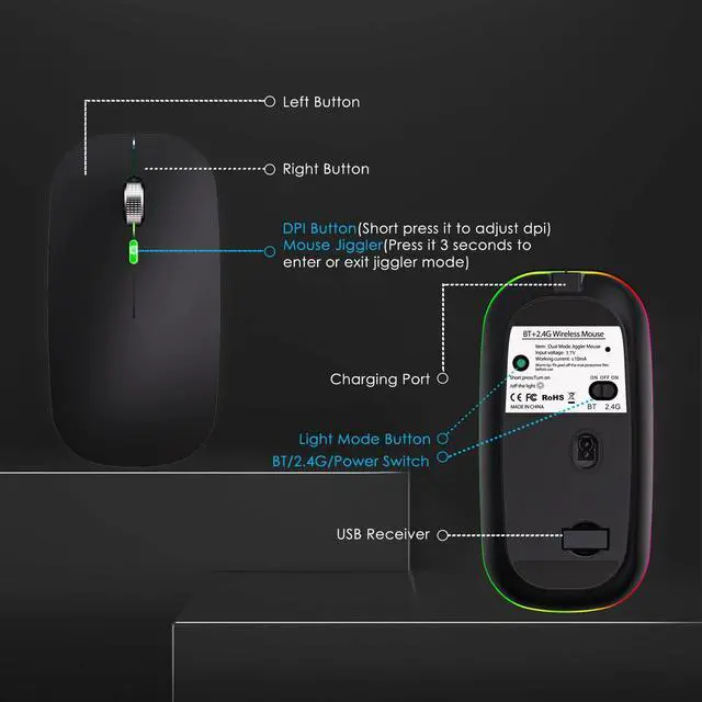 Alt view image 5 of 7 - Dual Mode Jiggler Mouse for Laptop&Phone-LED Mouse Rechargeable Computer Mice Mouse Mover Undetectable Random Movement with On/Off Button Keeps Computer Awake (Rubber Black)