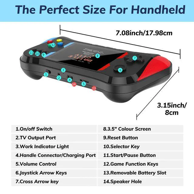 Alt view image 7 of 7 - Handheld Game for Kids, Preloaded 500 Retro Video Games, Portable TV Video Gaming Player, Portable Gaming Player Rechargeable Battery 3.5" LCD Screen Mini Arcade Electronic Toy Gifts for Boys Girls