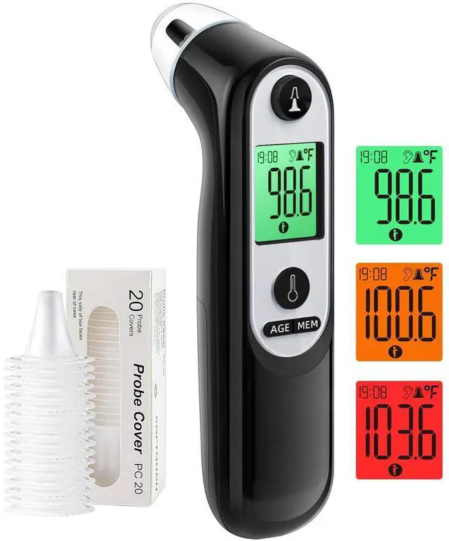 Main image of Ear Thermometer, Digital Ear Thermometer for Kids and Adults, High Accuracy Baby Thermometer with 1s Result, 3-Color Dispaly, 30 Memory Recall, with 21 Disposable Probe Covers (Dark Black)