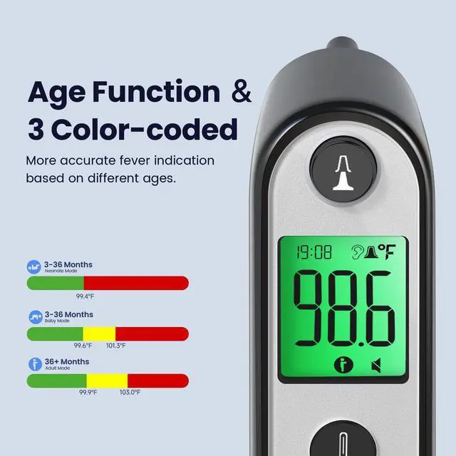 Alt view image 4 of 7 - Ear Thermometer, Digital Ear Thermometer for Kids and Adults, High Accuracy Baby Thermometer with 1s Result, 3-Color Dispaly, 30 Memory Recall, with 21 Disposable Probe Covers (Dark Black)