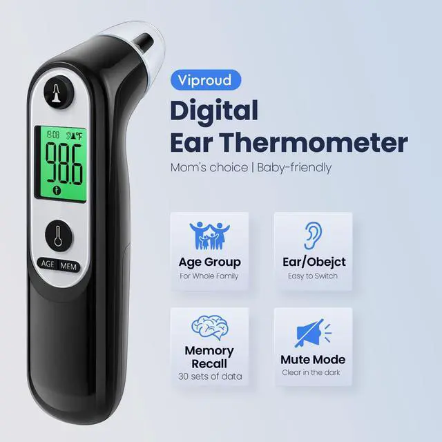 Alt view image 2 of 7 - Ear Thermometer, Digital Ear Thermometer for Kids and Adults, High Accuracy Baby Thermometer with 1s Result, 3-Color Dispaly, 30 Memory Recall, with 21 Disposable Probe Covers (Dark Black)