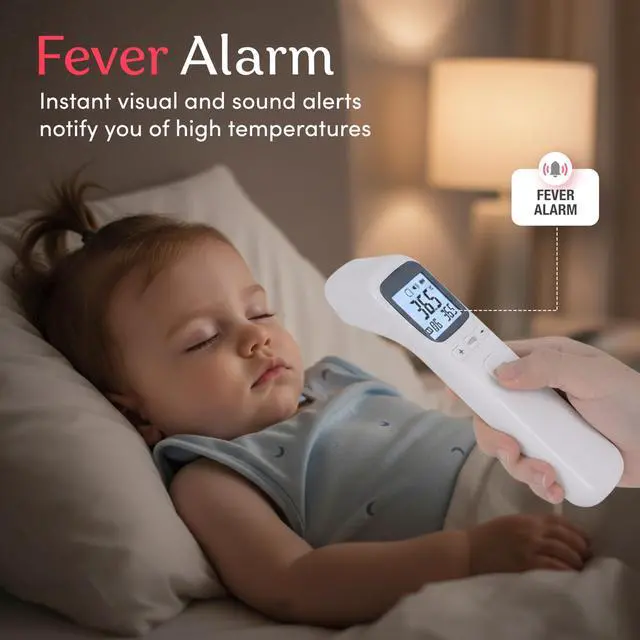 Alt view image 4 of 7 - Forehead Infrared Thermometer, 1-Second Reading, Fever Alarm, No-Touch Measurement, 32-Set Memory Recall, 3 Color-Coded Indicators, Thermometer for Adults, Kids & Infants, °F/°C