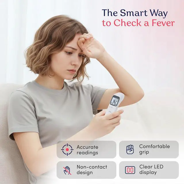 Alt view image 3 of 7 - Forehead Infrared Thermometer, 1-Second Reading, Fever Alarm, No-Touch Measurement, 32-Set Memory Recall, 3 Color-Coded Indicators, Thermometer for Adults, Kids & Infants, °F/°C