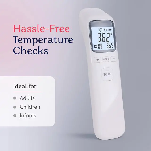 Alt view image 7 of 7 - Forehead Infrared Thermometer, 1-Second Reading, Fever Alarm, No-Touch Measurement, 32-Set Memory Recall, 3 Color-Coded Indicators, Thermometer for Adults, Kids & Infants, °F/°C