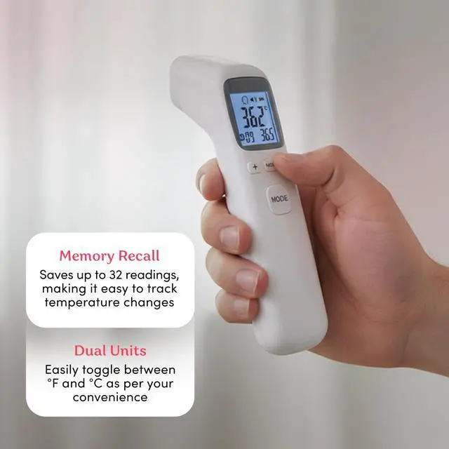 Alt view image 5 of 7 - Forehead Infrared Thermometer, 1-Second Reading, Fever Alarm, No-Touch Measurement, 32-Set Memory Recall, 3 Color-Coded Indicators, Thermometer for Adults, Kids & Infants, °F/°C