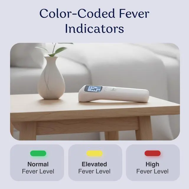 Alt view image 6 of 7 - Forehead Infrared Thermometer, 1-Second Reading, Fever Alarm, No-Touch Measurement, 32-Set Memory Recall, 3 Color-Coded Indicators, Thermometer for Adults, Kids & Infants, °F/°C