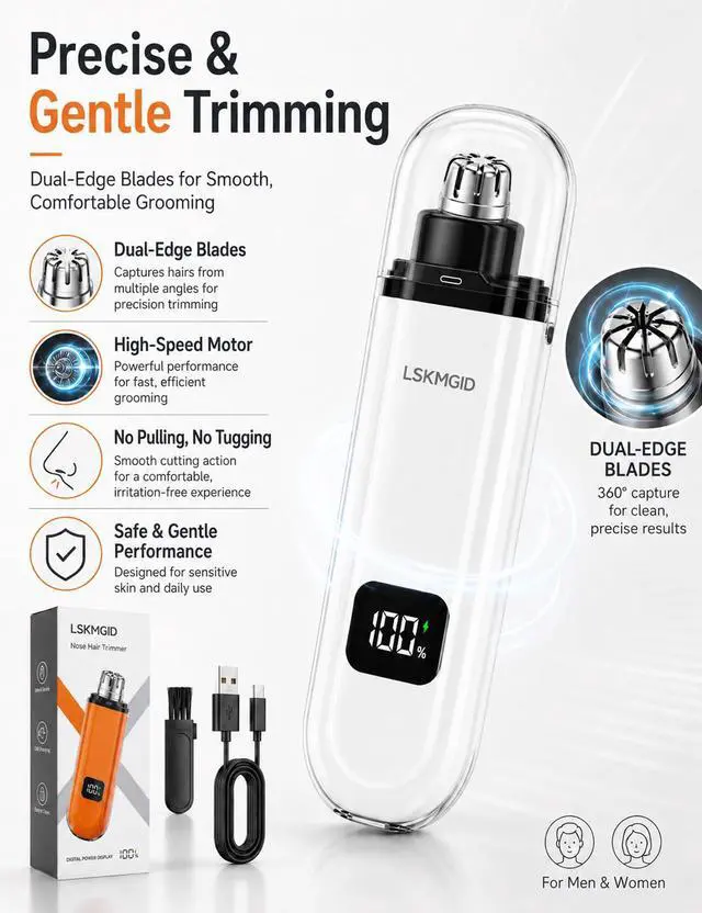 Alt view image 2 of 7 - Nose Trimmer for Men Women Electric Nose Ear Hair Waterproof Rechargeable Clippers Female USB LED Power Display Dual-Edge Blades High-Speed Motor Gentle Grooming for Travel White
