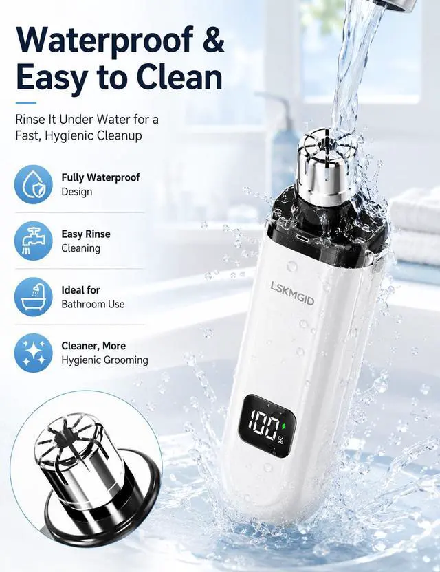 Alt view image 3 of 7 - Nose Trimmer for Men Women Electric Nose Ear Hair Waterproof Rechargeable Clippers Female USB LED Power Display Dual-Edge Blades High-Speed Motor Gentle Grooming for Travel White