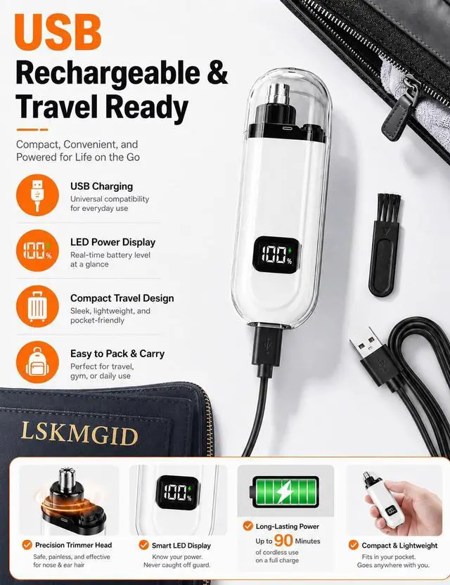 Alt view image 4 of 7 - Nose Trimmer for Men Women Electric Nose Ear Hair Waterproof Rechargeable Clippers Female USB LED Power Display Dual-Edge Blades High-Speed Motor Gentle Grooming for Travel White