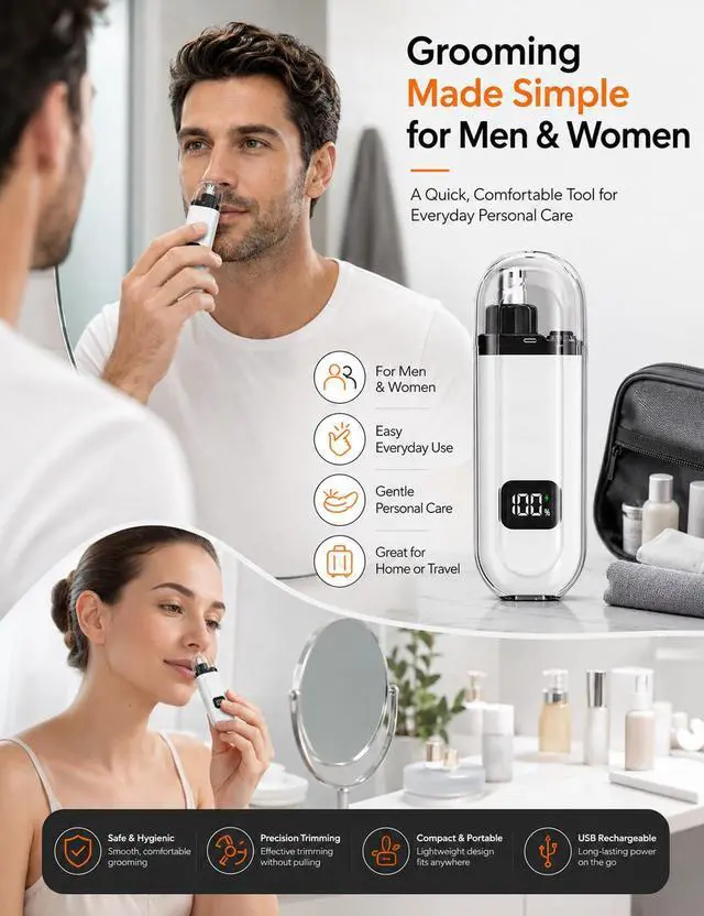 Alt view image 5 of 7 - Nose Trimmer for Men Women Electric Nose Ear Hair Waterproof Rechargeable Clippers Female USB LED Power Display Dual-Edge Blades High-Speed Motor Gentle Grooming for Travel White