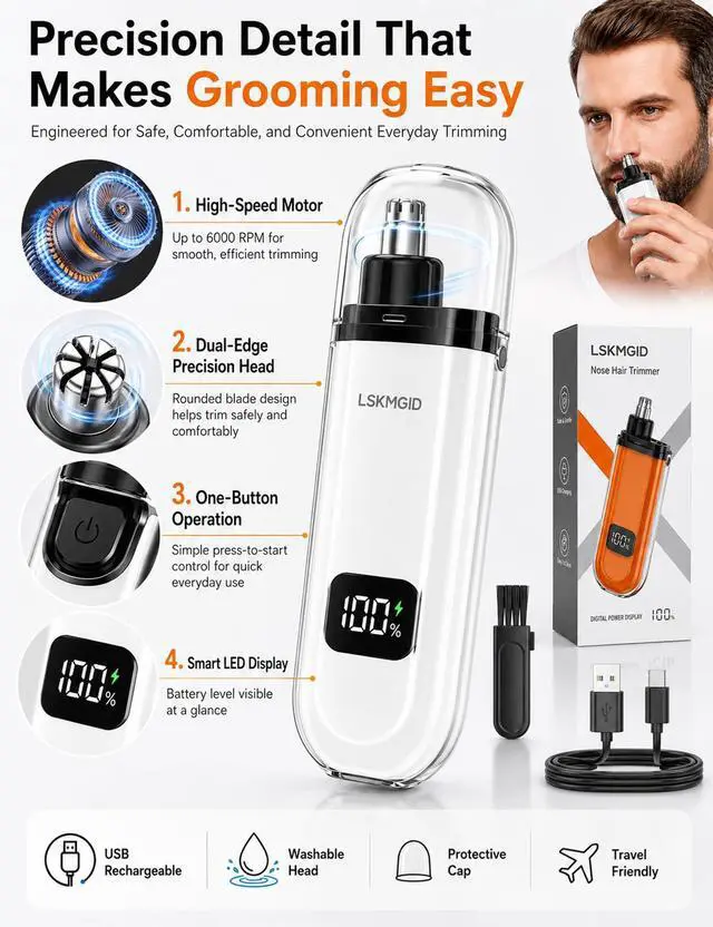Alt view image 6 of 7 - Nose Trimmer for Men Women Electric Nose Ear Hair Waterproof Rechargeable Clippers Female USB LED Power Display Dual-Edge Blades High-Speed Motor Gentle Grooming for Travel White