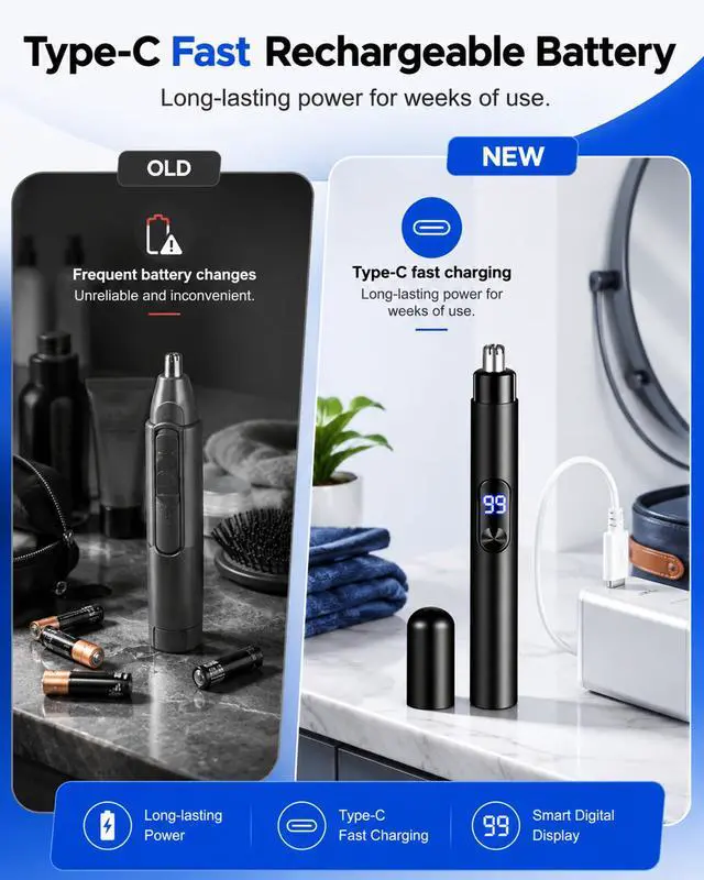 Alt view image 5 of 7 - Nose and Ear Trimmer for Men,Nose Hair Trimmer,Type-C Rechargeable Nose Trimmer Grooming Clipper with Led Power Display,Portable Nose Trimmer Grooming Kit