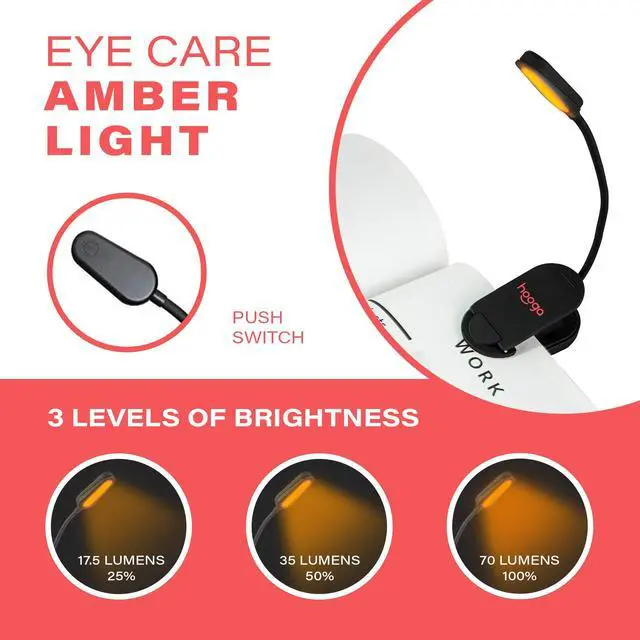 Alt view image 3 of 7 - Amber Book Light, Rechargeable Clip-On Blue Light Blocking LED Reading Light, 1600K Warm Eye Care for Bed, Students, Kids, Travel, Nursing, Studying