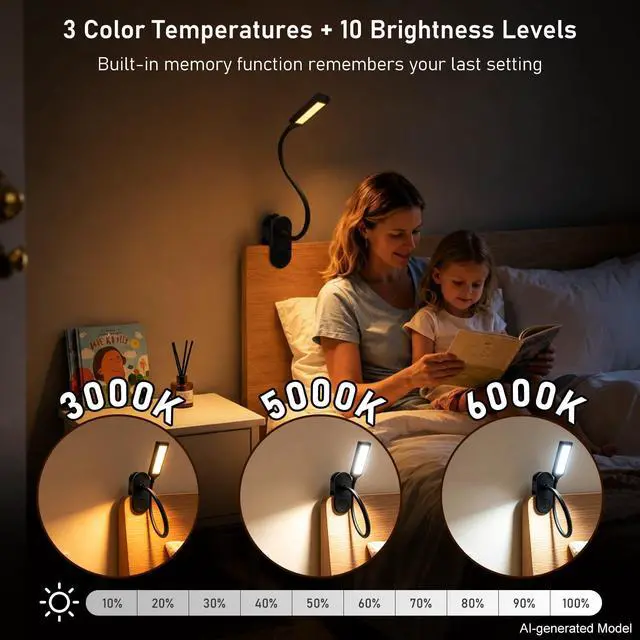 Alt view image 2 of 7 - Clip on Light, Desk Lamp with Clamp, LED Reading Light with 3500mAh Rechargeable Battery, 3 Color Modes, 10 Brightness Levels, Adjustable Neck, Cordless Clip on Lamp for Bed, Home Office, Craft(Black)