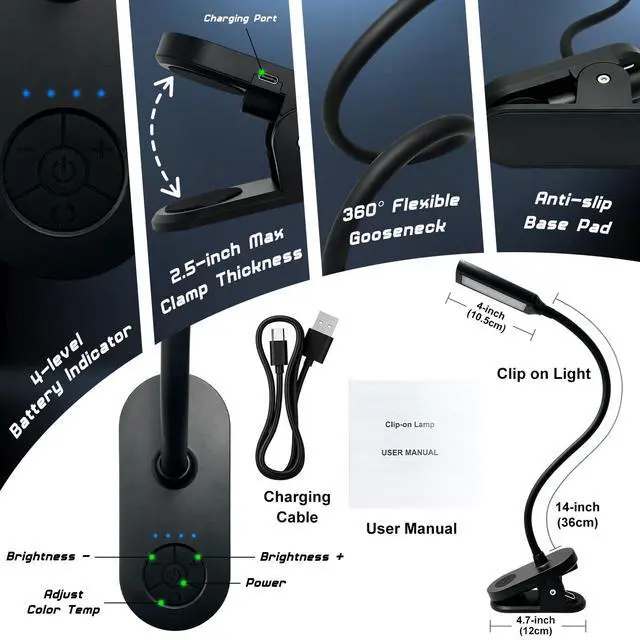 Alt view image 7 of 7 - Clip on Light, Desk Lamp with Clamp, LED Reading Light with 3500mAh Rechargeable Battery, 3 Color Modes, 10 Brightness Levels, Adjustable Neck, Cordless Clip on Lamp for Bed, Home Office, Craft(Black)