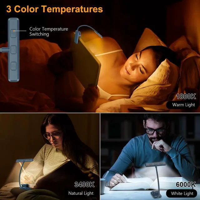 Alt view image 3 of 7 - 19 LED Rechargeable Book Light for Reading in Bed with Memory Function- Eye Caring 3 Color Temperatures,Stepless Dimming Brightness,90 Hrs Runtime Clip on Light for Book Lovers-Pacific Blue