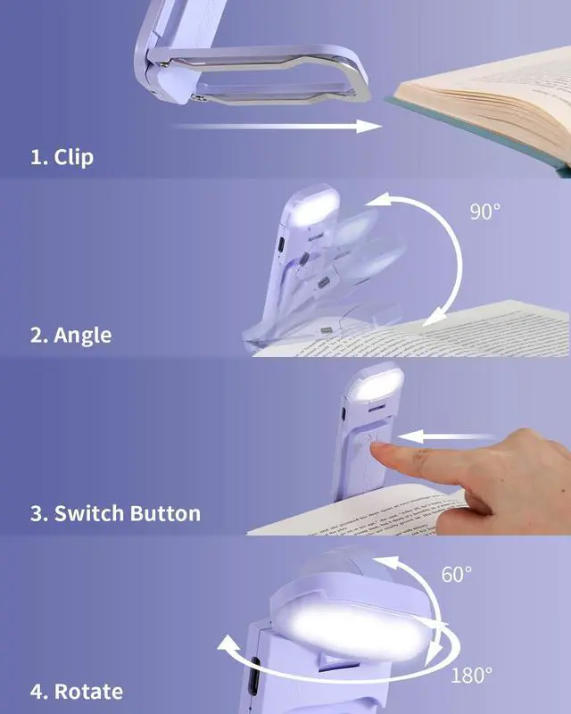 Alt view image 5 of 7 - Book Reading Light, Rechargeable Clip on Booklight, Eye Caring 3 Color Temperatures & 5 Brightness Levels, Night Use for Bed, Long Lasting, Reading at Night in Bed, Purple