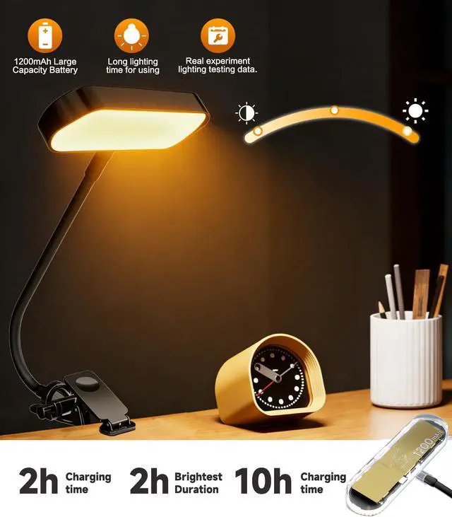 Alt view image 2 of 7 - 2-in-1 LED Clip-On Book & Desk Lamp, Flexible Gooseneck, 3 Color Modes & Dimmable, Rechargeable Reading Light & Video Conference Light for Bed, Desk, Laptop, Study