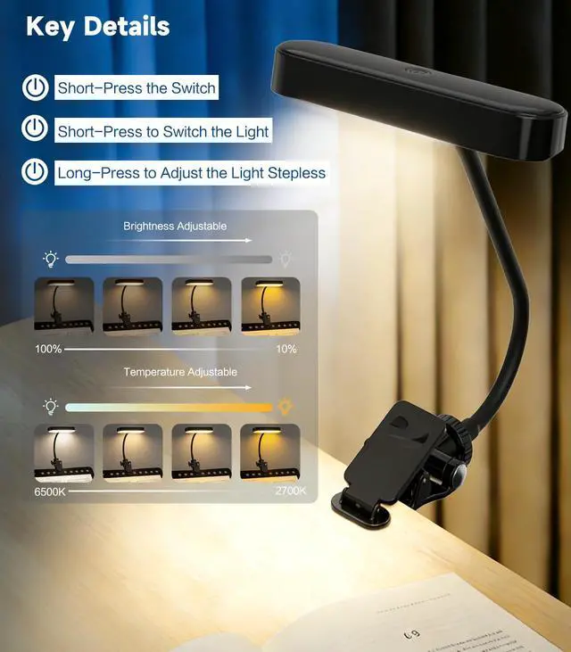 Alt view image 5 of 7 - 2-in-1 LED Clip-On Book & Desk Lamp, Flexible Gooseneck, 3 Color Modes & Dimmable, Rechargeable Reading Light & Video Conference Light for Bed, Desk, Laptop, Study