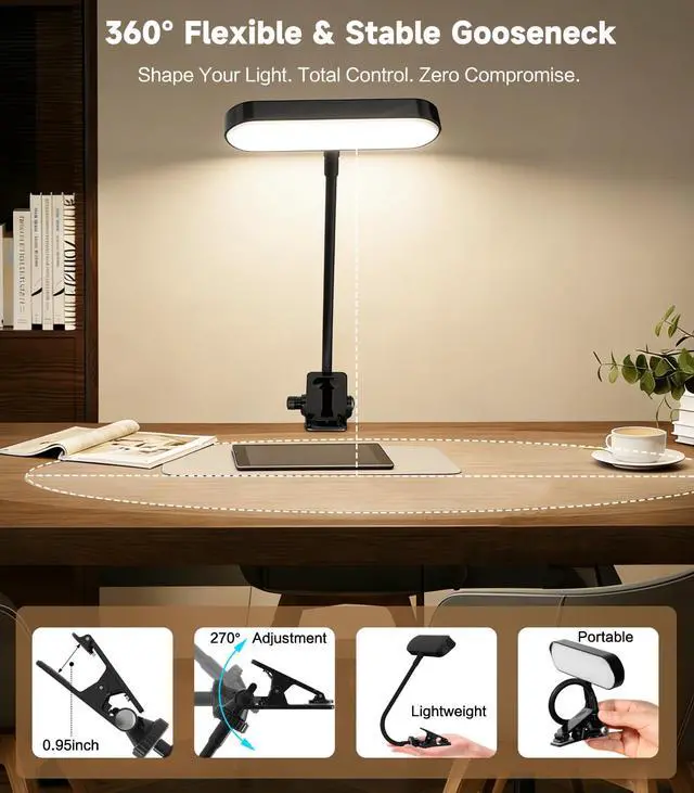 Alt view image 7 of 7 - 2-in-1 LED Clip-On Book & Desk Lamp, Flexible Gooseneck, 3 Color Modes & Dimmable, Rechargeable Reading Light & Video Conference Light for Bed, Desk, Laptop, Study